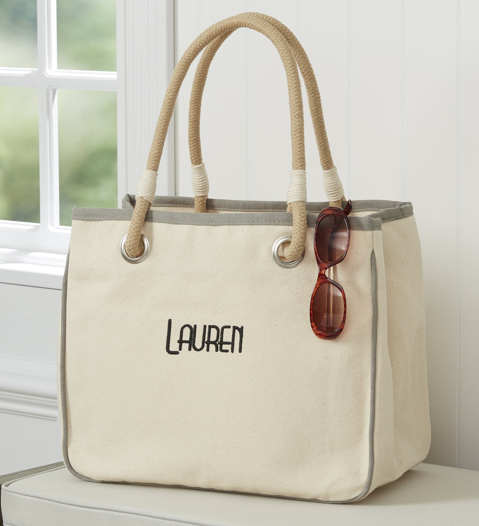 Embroidered Canvas Rope Tote 